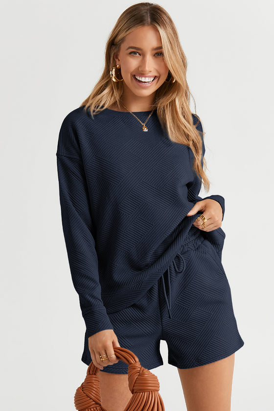 PACK625104-P605-1, Navy Blue Textured Long Sleeve Top And Drawstring Shorts Set