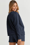 PACK625104-P605-1, Navy Blue Textured Long Sleeve Top And Drawstring Shorts Set