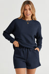 PACK625104-P605-1, Navy Blue Textured Long Sleeve Top And Drawstring Shorts Set