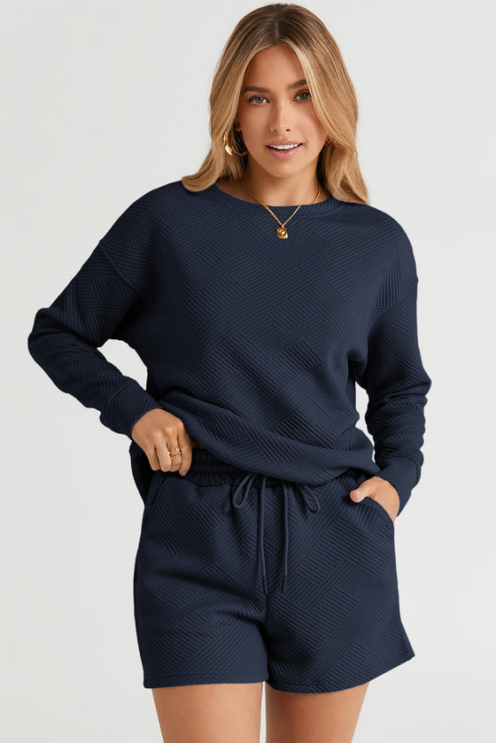 PACK625104-P605-1, Navy Blue Textured Long Sleeve Top And Drawstring Shorts Set