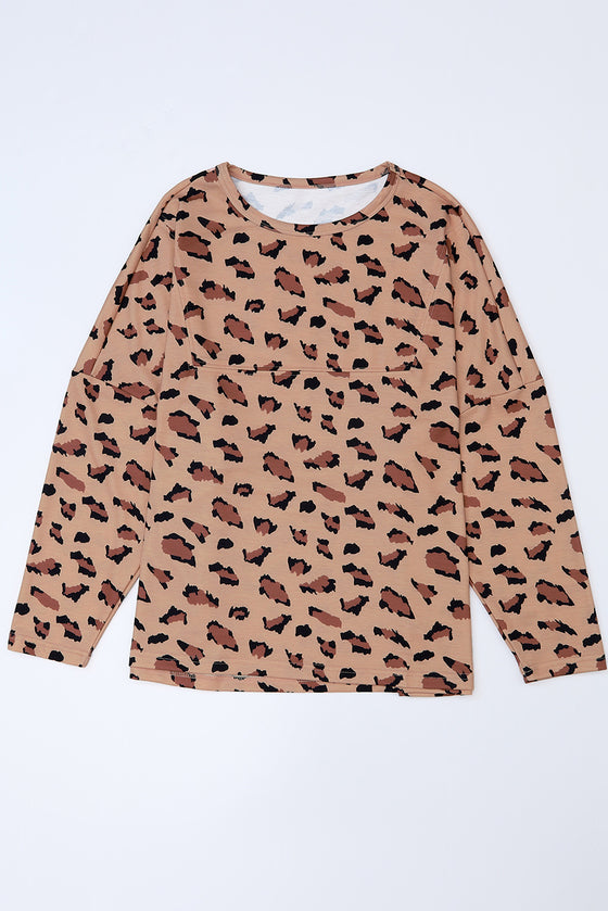 PACK25122238-17-1, Brown Animal Print Stitching Loose Long Sleeve Top
