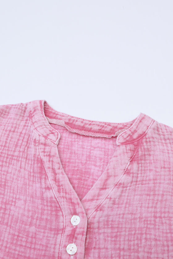 PACK25121568-10-1, Pink Crinkle Textured Loose Henley Top