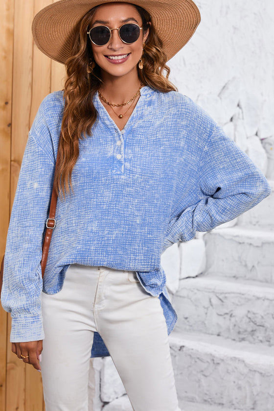 PACK25121568-4-1, Sky Blue Crinkle Textured Loose Henley Top