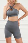 PACK2611492-11-1, Gray Cross Straps Cutout Bra and High Waist Shorts Set