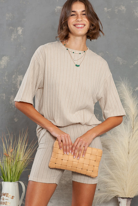 PACK625120-18-1, Apricot Plain Ribbed Loose Fit Two Piece Lounge Set