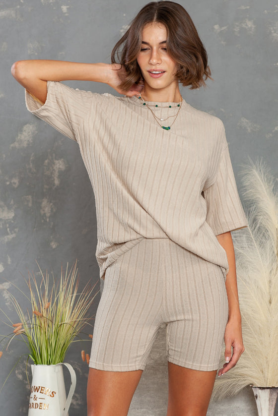 PACK625120-18-1, Apricot Plain Ribbed Loose Fit Two Piece Lounge Set