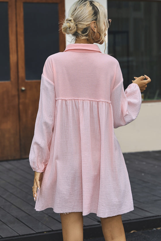 PACK6117009-10-1, Pink Patchwork Crinkle Puff Sleeve Shirt Dress