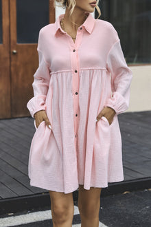  PACK6117009-10-1, Pink Patchwork Crinkle Puff Sleeve Shirt Dress