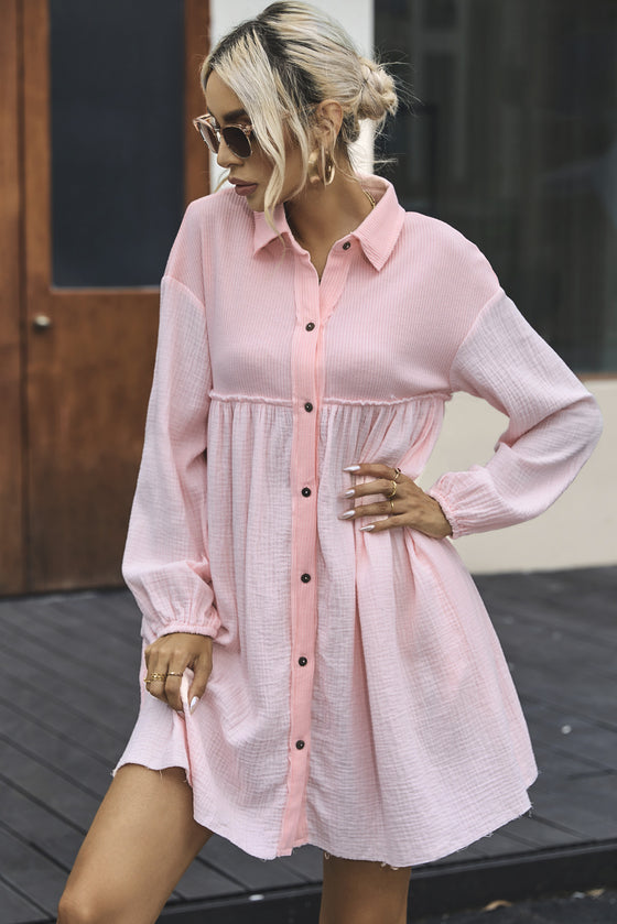 PACK6117009-10-1, Pink Patchwork Crinkle Puff Sleeve Shirt Dress