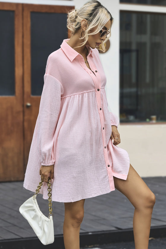 PACK6117009-10-1, Pink Patchwork Crinkle Puff Sleeve Shirt Dress