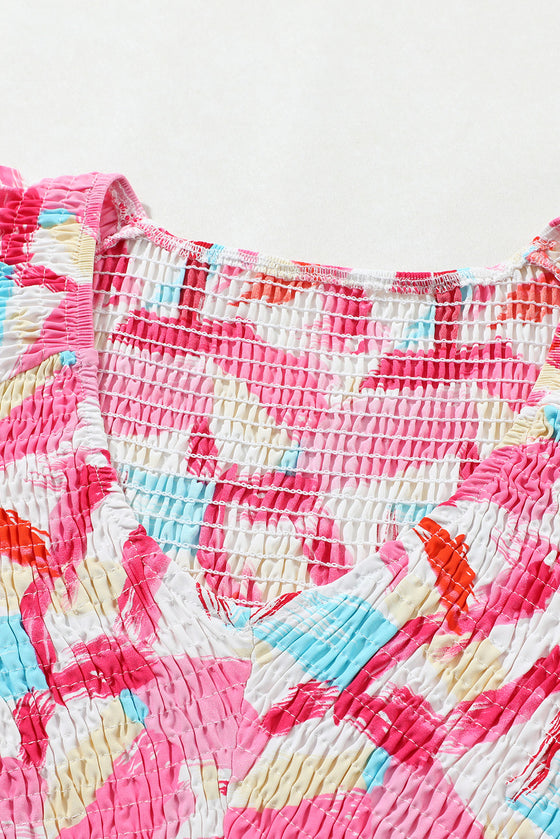 PACK25121396-1010-1, Pink Boho Flower Print Puff Sleeve Peplum Top