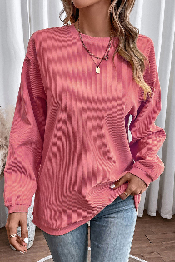 PACK25312934-P306-2, Strawberry Pink JOLENE Ribbed Corded Oversized Sweatshirt