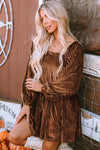 PACK6117666-17-1, Brown Tie Back Square Neck Velvet Babydoll Dress