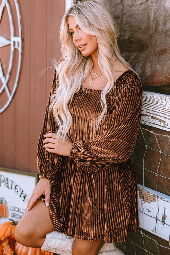 PACK6117666-17-1, Brown Tie Back Square Neck Velvet Babydoll Dress