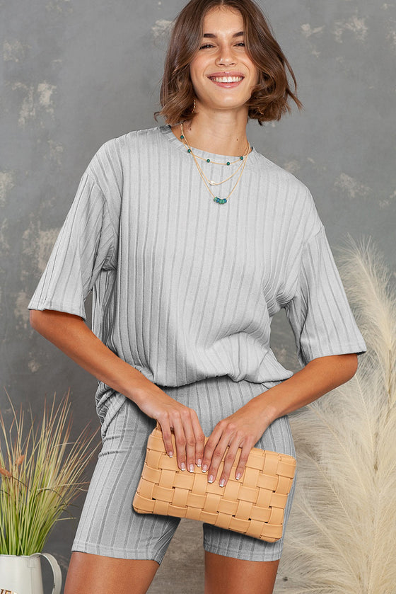 PACK625120-11-2, Gray Plain Ribbed Loose Fit Two Piece Lounge Set