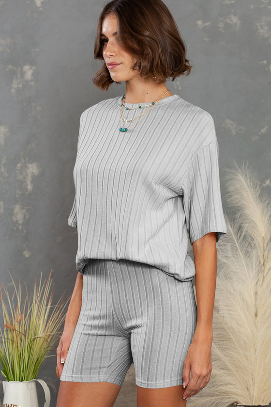 PACK625120-11-2, Gray Plain Ribbed Loose Fit Two Piece Lounge Set