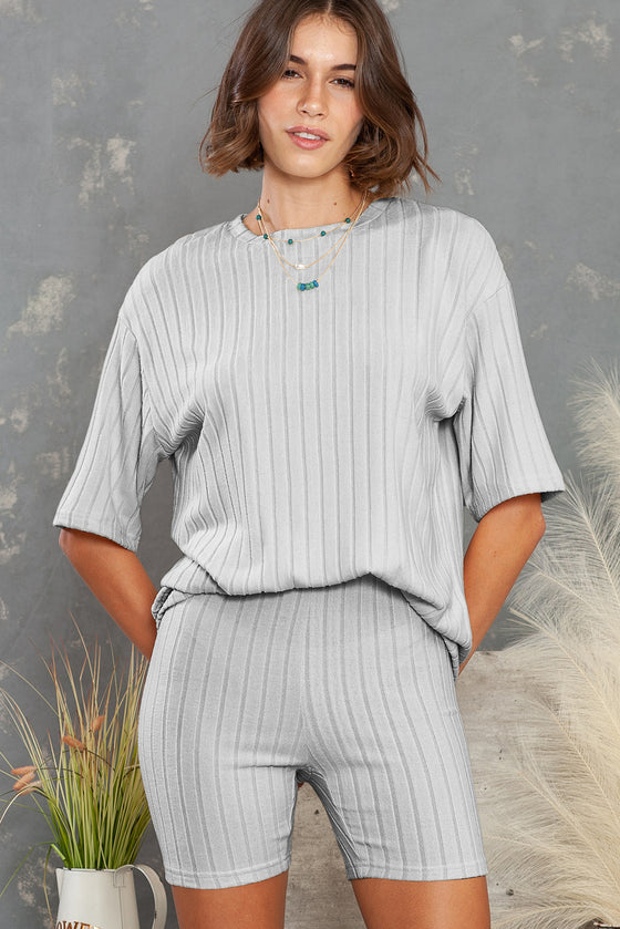 PACK625120-11-2, Gray Plain Ribbed Loose Fit Two Piece Lounge Set