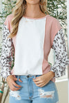 PACK25123582-18-1, Apricot Colorblock Leopard Sleeve Patchwork Top