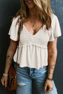  PACK25125061-P1015-2, Oatmeal Shirred V Neck Short Flutter Sleeve Textured Blouse