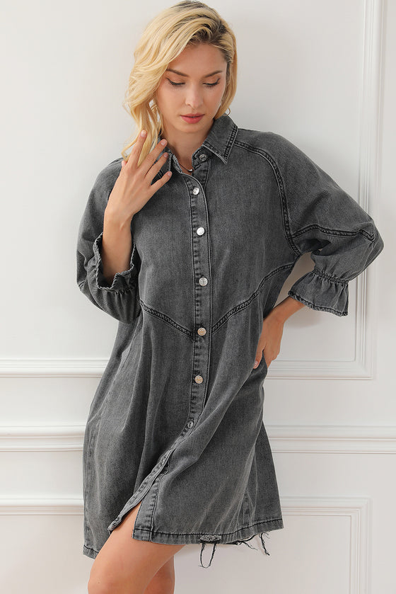 PACK786324-11-1, Gray Buttoned Long Sleeve Denim Mini Dress