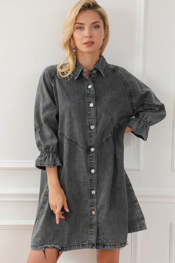 PACK786324-11-1, Gray Buttoned Long Sleeve Denim Mini Dress