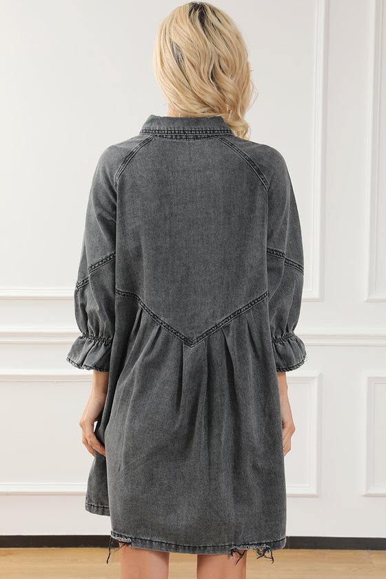 PACK786324-11-1, Gray Buttoned Long Sleeve Denim Mini Dress