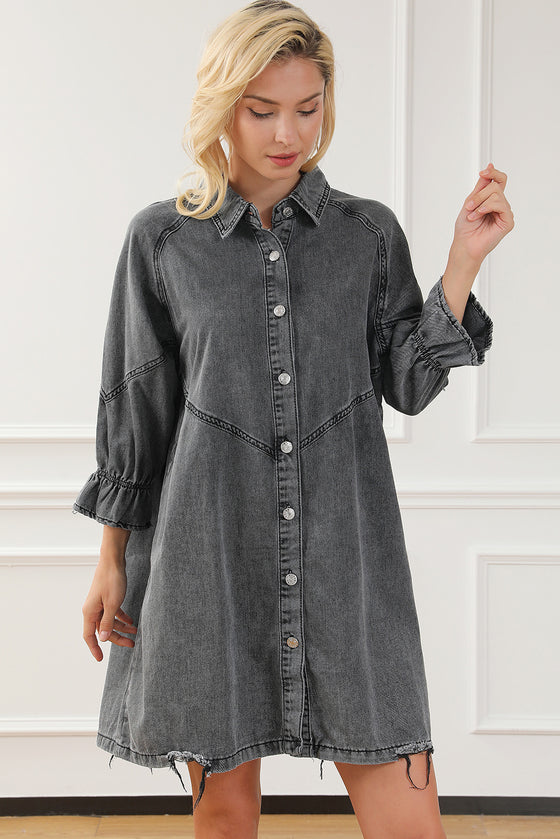 PACK786324-11-1, Gray Buttoned Long Sleeve Denim Mini Dress