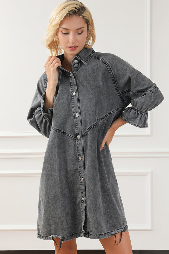 PACK786324-11-1, Gray Buttoned Long Sleeve Denim Mini Dress