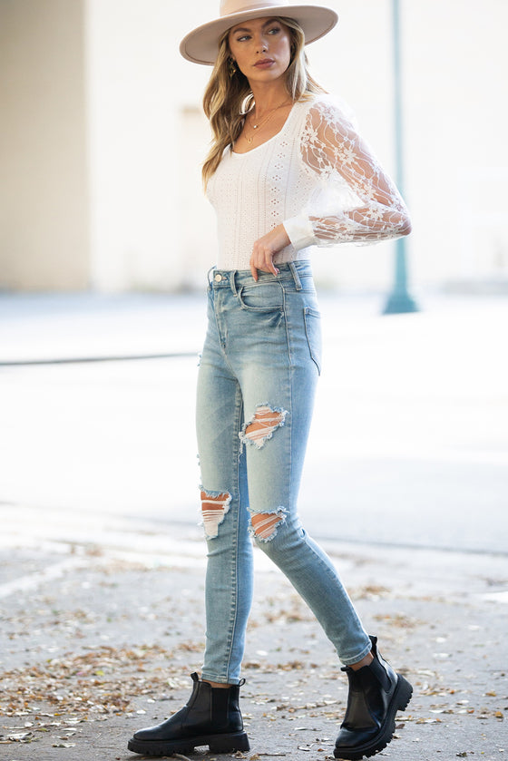 PACK6421585-1-1, White Frenchy Contrast Lace Bishop Sleeve Bodysuit