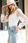 PACK6421585-1-1, White Frenchy Contrast Lace Bishop Sleeve Bodysuit