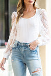 PACK6421585-1-1, White Frenchy Contrast Lace Bishop Sleeve Bodysuit