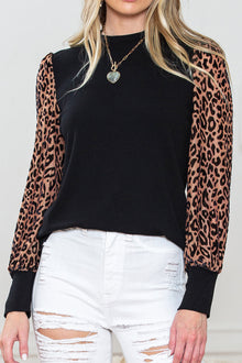  PACK25123292-2-2, Black Leopard Print Long Sleeve Ribbed Knit Blouse