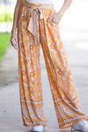 PACK7712307-P3014-1, Grapefruit Orange Tie Waist Boho Floral Wide Leg Pants