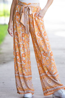  PACK7712307-P3014-1, Grapefruit Orange Tie Waist Boho Floral Wide Leg Pants