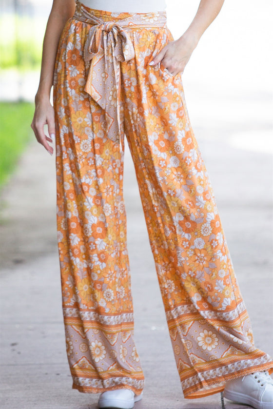 PACK7712307-P3014-1, Grapefruit Orange Tie Waist Boho Floral Wide Leg Pants