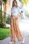 PACK7712307-P3014-1, Grapefruit Orange Tie Waist Boho Floral Wide Leg Pants