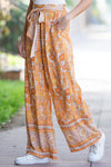 PACK7712307-P3014-1, Grapefruit Orange Tie Waist Boho Floral Wide Leg Pants