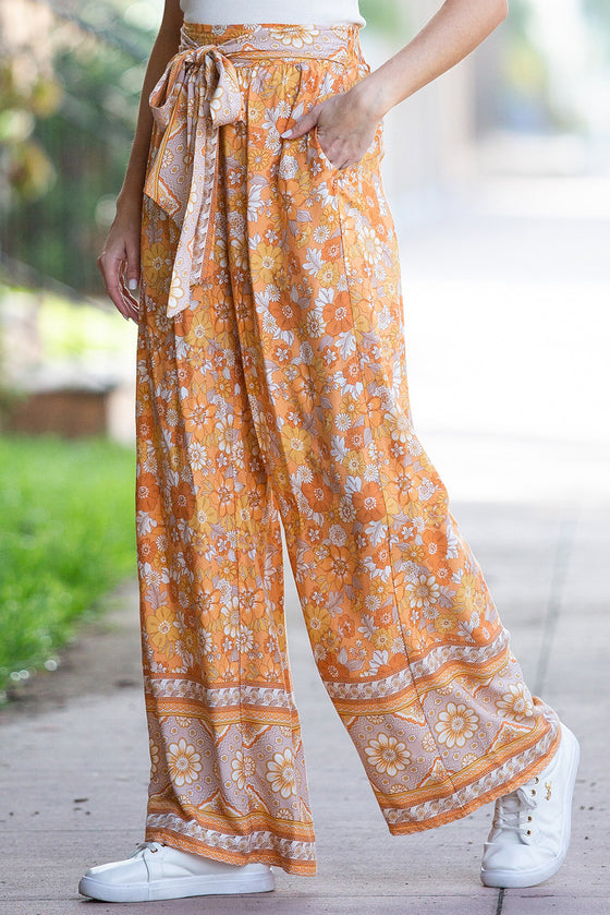 PACK7712307-P3014-1, Grapefruit Orange Tie Waist Boho Floral Wide Leg Pants