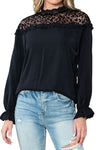 PACK25124089-P2-2, Black Leopard Mesh Splicing Ruffle Long Sleeve Blouse