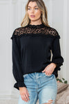 PACK25124089-P2-2, Black Leopard Mesh Splicing Ruffle Long Sleeve Blouse