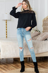 PACK25124089-P2-2, Black Leopard Mesh Splicing Ruffle Long Sleeve Blouse
