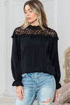 PACK25124089-P2-2, Black Leopard Mesh Splicing Ruffle Long Sleeve Blouse