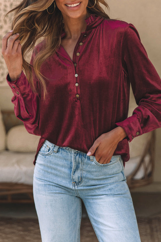 PACK25123034-P503-1, Burgundy Frilled Neck Buttoned Front Velvet Top