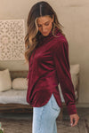 PACK25123034-P503-1, Burgundy Frilled Neck Buttoned Front Velvet Top