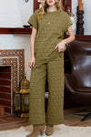 PACK625346-P909-1, Sage Green Quilted Short Sleeve Wide Leg Pants Set