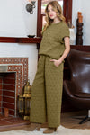 PACK625346-P909-1, Sage Green Quilted Short Sleeve Wide Leg Pants Set