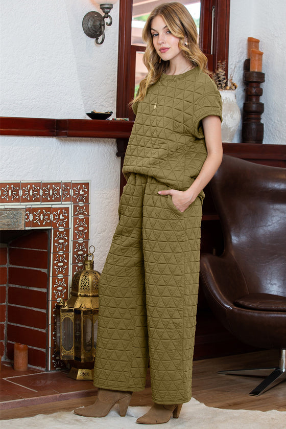 PACK625346-P909-1, Sage Green Quilted Short Sleeve Wide Leg Pants Set