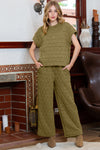 PACK625346-P909-1, Sage Green Quilted Short Sleeve Wide Leg Pants Set