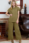 PACK625346-P909-1, Sage Green Quilted Short Sleeve Wide Leg Pants Set