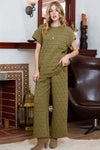 PACK625346-P909-1, Sage Green Quilted Short Sleeve Wide Leg Pants Set
